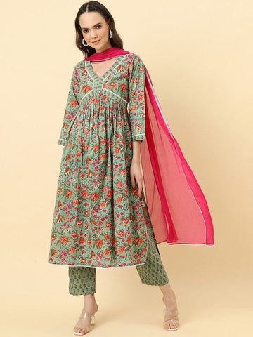 Varanga Women Olive Floral Printed A-Line Kurta With Side Slits Paired With Tonal Bottom And Dupatta